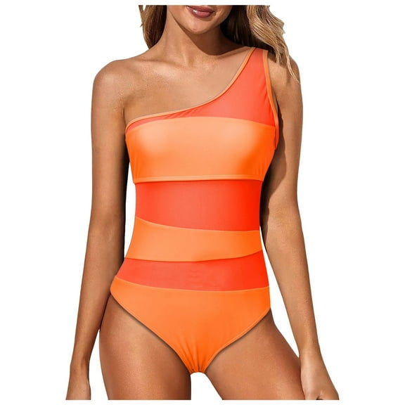 QHFBli Womens One Shoulder One Piece Bathing Suits Neon Color Block Swimsuits Mesh Swimwear