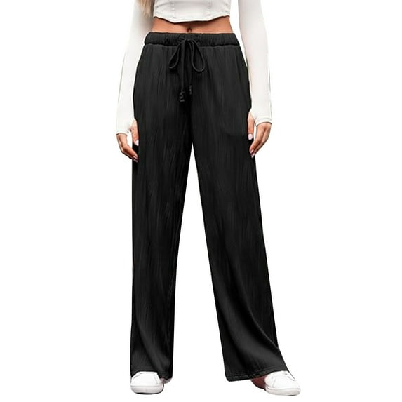 QHFBli Womens Pleated Wide Leg Palazzo Pants with Drawstring Casual Trousers