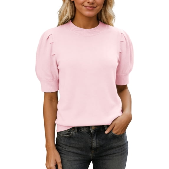 QHFBli Womens Puff Short Sleeve Sweater Tops Crewneck Basic Knit Pullover Lightweight Solid Casual Sweaters Blouse
