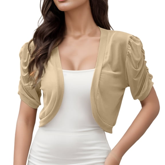 QHFBli Womens Puff Sleeve Bolero Shrugs Cropped Open Front Sheer Mesh Chiffon Cardigans Short Sleeve Shrug for Evening Dressy