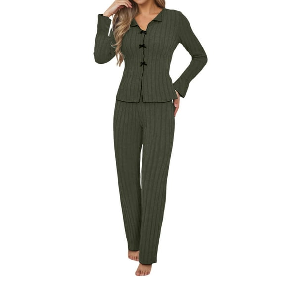 QHFBli Womens Ribbed Knit Pajama Sets 2 Piece Lounge Set Long Sleeve Button Down Pjs Sleepwear Set with Pockets