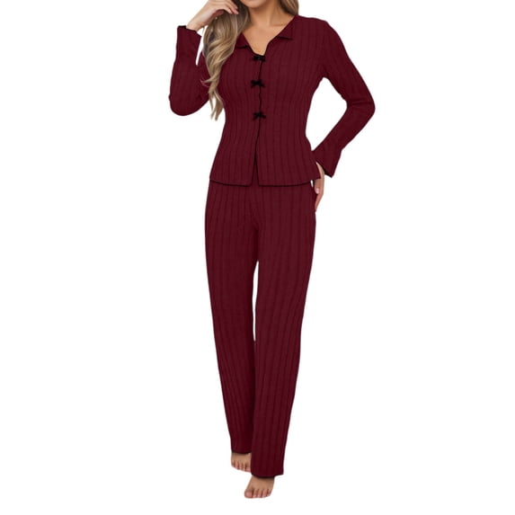 QHFBli Womens Ribbed Knit Pajama Sets 2 Piece Lounge Set Long Sleeve Button Down Pjs Sleepwear Set with Pockets