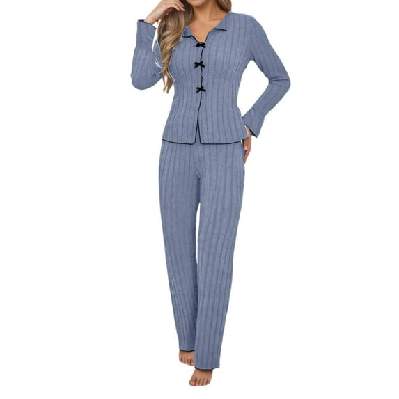 QHFBli Womens Ribbed Knit Pajama Sets 2 Piece Lounge Set Long Sleeve Button Down Pjs Sleepwear Set with Pockets