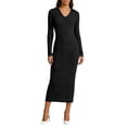 thumbnail image 1 of QHFBli Womens Ribbed Knit Sweater Dress Casual Long Sleeve V Neck Bodycon Pleated A Line Long Dress Streetwear, 1 of 4