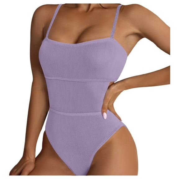 QHFBli Womens Scoop Neck One Piece Swimsuit High Leg Ribbed Bathing Suits Hollow Side One-Piece Swimwear Sexy Monokini