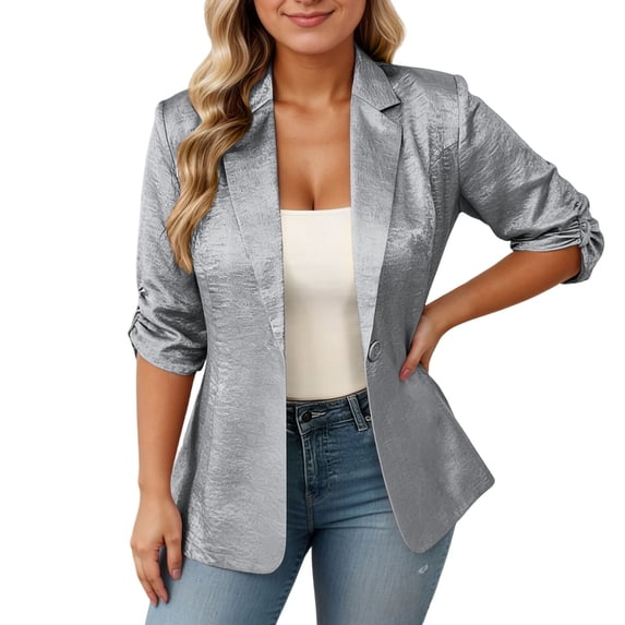 QHFBli Womens Sequin Jackets 3/4 Sleeve Open Front Blazer Shiny Party Jacket Comfy One Button Sparkly Party Jacket