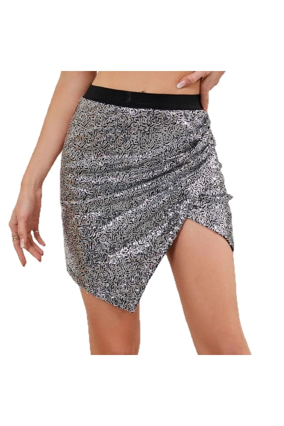 Womens Sequin Skirt Sparkle Mini Skirt With Asymmetrical Hemline High Waist Elastic Waistband Elegant Clubwear Night