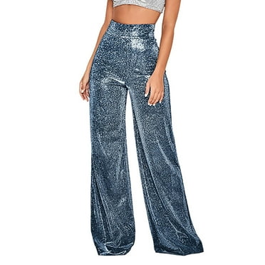 QHFBli Womens Sexy Metallic Sparkly Wide Leg Pants Trousers Clubwear