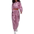 thumbnail image 1 of QHFBli Womens Shiny Metallic 2 Piece Outfits Colorblock Holographic Jogger Long Sleeve Crop Hoodie Sweatsuit Sets, 1 of 5