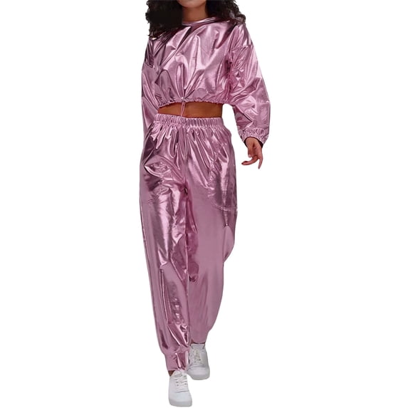 QHFBli Womens Shiny Metallic 2 Piece Outfits Colorblock Holographic Jogger Long Sleeve Crop Hoodie Sweatsuit Sets