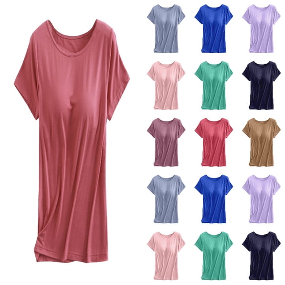 QHFBli Womens Shirts with Built in Bra Summer Basic Short Sleeve T Shirts Workout Yoga Tops Athletic Shelf Padded Bra Tops Red L