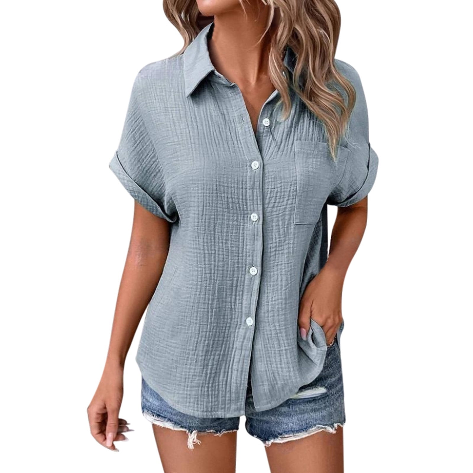 QHFBli Womens Short Sleeve Cotton Button Down Up Shirt Collared V Neck ...