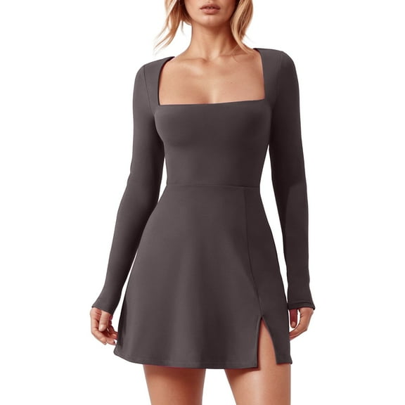 QHFBli Womens Square Neck Bodice Dress Long Sleeve Side Slit Flare Mini Dresses