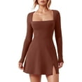 thumbnail image 1 of QHFBli Womens Square Neck Bodice Dress Long Sleeve Side Slit Flare Mini Dresses, 1 of 4