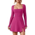thumbnail image 1 of QHFBli Womens Square Neck Bodice Dress Long Sleeve Side Slit Flare Mini Dresses, 1 of 4