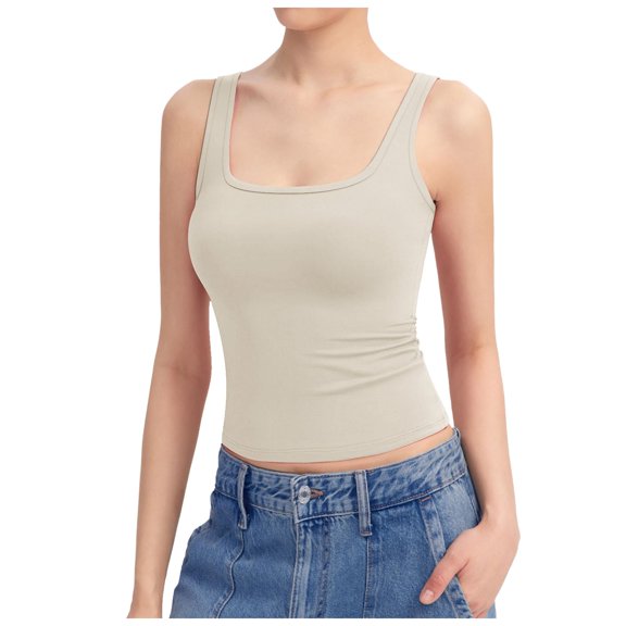 QHFBli Womens Square Neck Tank Top Sleeveless Double Lined Basic Tops Sharp Collection