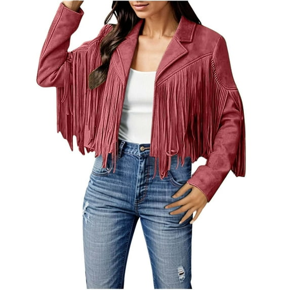 QHFBli Womens Suede Fringe Jacket Trendy Long Sleeve Leather Coat Fashion Cropped Jacket Western Outfits with Tassel