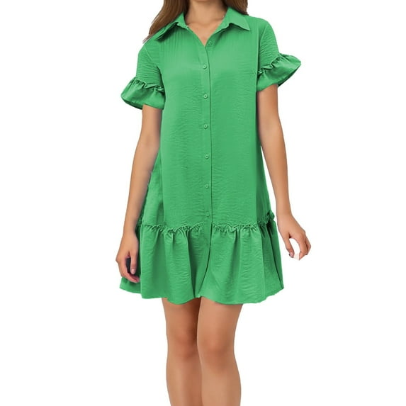 QHFBli Womens Summer Button Down Shirt Dress Casual Ruffle Sleeve Shift Mini Dresses with Pockets