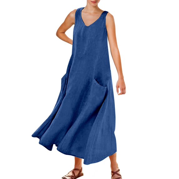 QHFBli Womens Summer Cotton Linen Dress Sleeveless Elegant Flowy Dresses 2025 Plus Size Loose Comfy Dress with Pockets