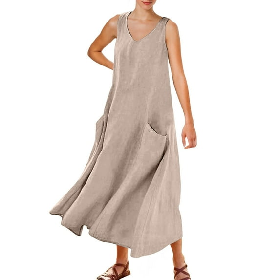 QHFBli Womens Summer Cotton Linen Dress Sleeveless Elegant Flowy Dresses 2025 Plus Size Loose Comfy Dress with Pockets