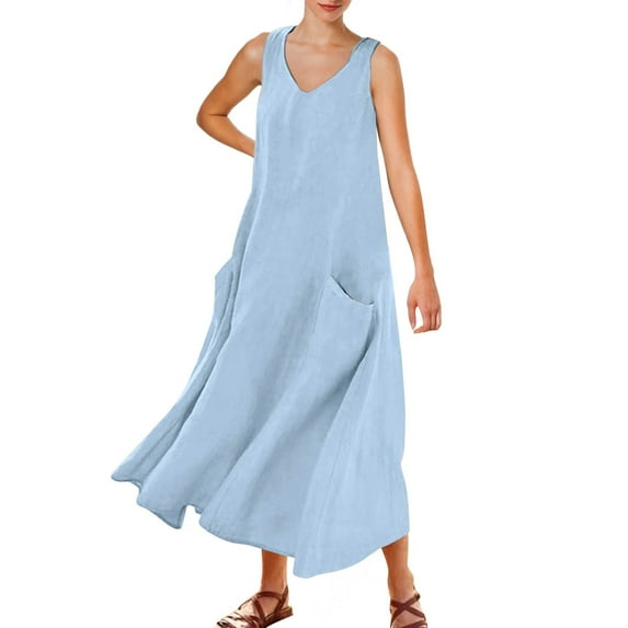 QHFBli Womens Summer Cotton Linen Dress Sleeveless Elegant Flowy Dresses 2025 Plus Size Loose Comfy Dress with Pockets