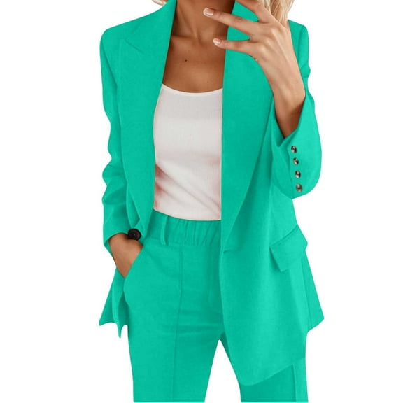 QHFBli Womens Two Piece Blazer Outfits Business Suit Set Work Office Notched Collar Jacket Dressy Matching Pantsuit