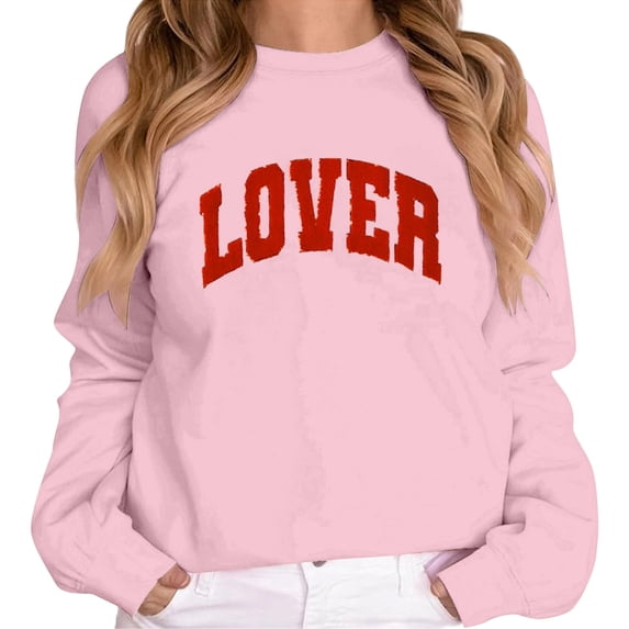QHFBli Womens Valentines Crewneck Sweatshirt LOVER Letter Chenille Patch Long Sleeve Pullover Tops Oversized Clothes