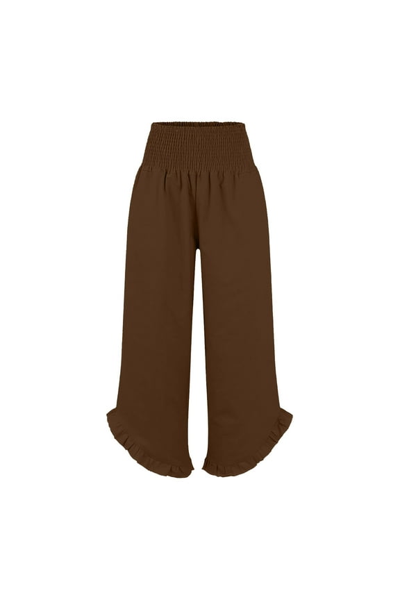 Womens Wide Leg Linen Pants Smocked Elastic Waist Ruffle Hem Palazzo Pants Summer Loose Comfy Beach Pants with Pockets