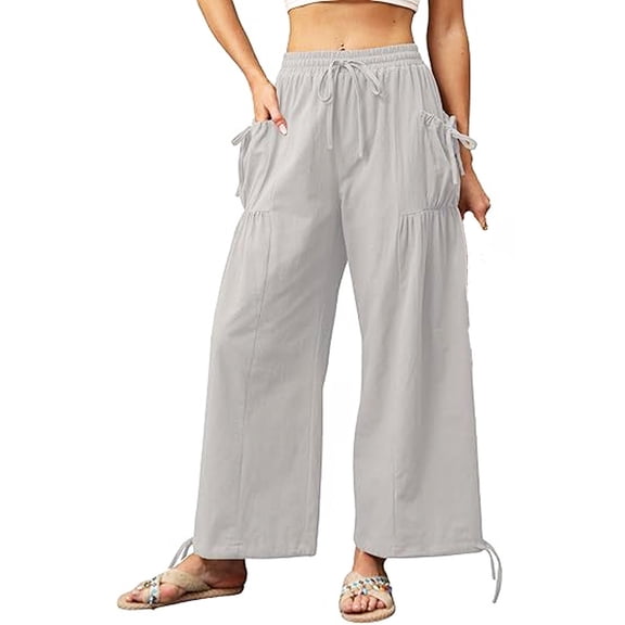 QHFBli Womens Wide Leg Palazzo Pants High Waisted Adjustable Tie Knot Flowy Trousers Casual Loose Lounge Pant with Pockets