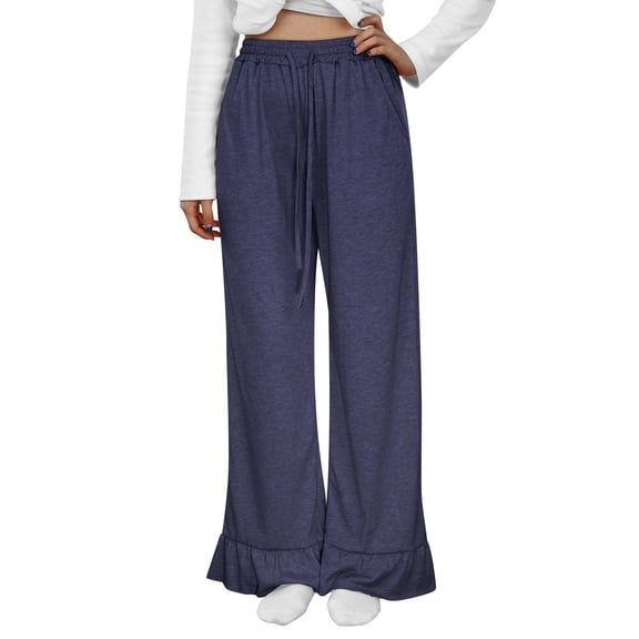 QHFBli Womens Wide Leg Pants Drawstring Elastic High Waisted Ruffle Hem Palazzo Pants with Pockets Casual Trousers