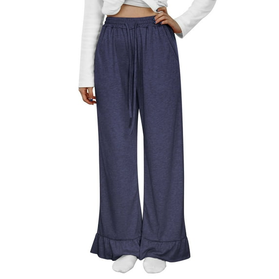 QHFBli Womens Wide Leg Pants Drawstring Elastic High Waisted Ruffle Hem Palazzo Pants with Pockets Casual Trousers