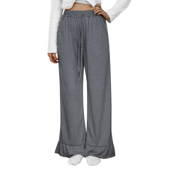 QHFBli Womens Wide Leg Pants Drawstring Elastic High Waisted Ruffle Hem Palazzo Pants with Pockets