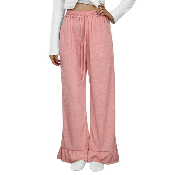 QHFBli Womens Wide Leg Pants Drawstring Elastic High Waisted Ruffle Hem Palazzo Pants with Pockets
