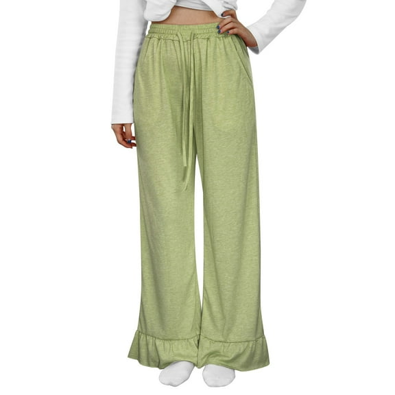QHFBli Womens Wide Leg Pants Drawstring Elastic High Waisted Ruffle Hem Palazzo Pants with Pockets