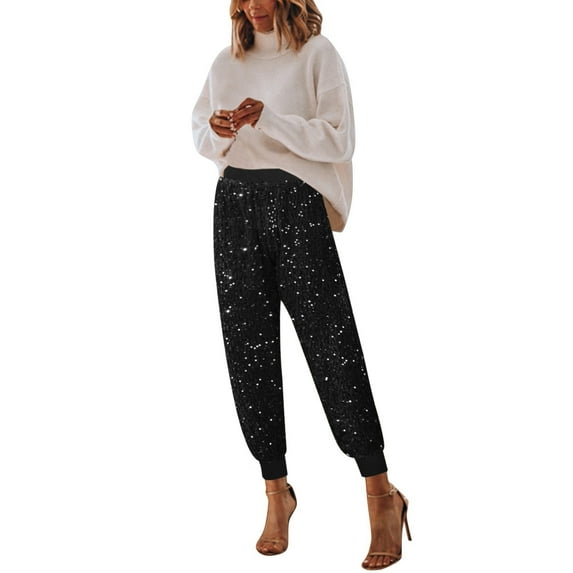 QHFBli Womens Wide Leg Sparkle Sequin Pants Elastic High Waisted Bling Glitter Dance Pants