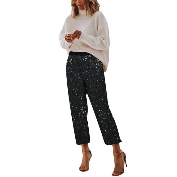 QHFBli Womens Wide Leg Sparkle Sequin Pants Elastic High Waisted Bling Glitter Dance Pants