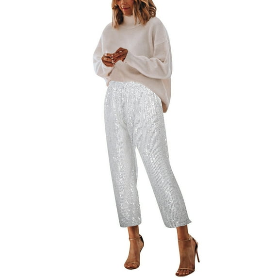 QHFBli Womens Wide Leg Sparkle Sequin Pants Elastic High Waisted Bling Glitter Dance Pants