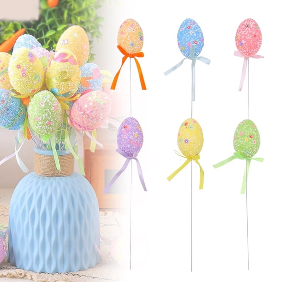 QHGKihyi 6PCS Easter Eggs Picks For Vase Filler Artificial Easter Egg Picks Glitter Easter Eggs For DIY Bouquet Spring Table Decorations Flower Arrangement Home Decor