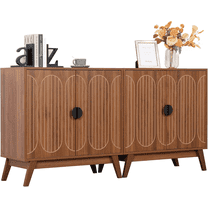 LEFHDA 2PC Small Line Sideboard Buffet Cabinet with Storage, Mid Century Modern Storage Cabinet with 4 Doors, Wooden Accent Cabinets for Living Room, Kitchen, Entryway (2PC, walnut)