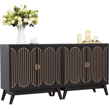 LEFHDA 2PC Small Line Sideboard Buffet Cabinet with Storage, Mid Century Modern Storage Cabinet with 4 Doors, Wooden Accent Cabinets for Living Room, Kitchen, Entryway (2PC, Black)