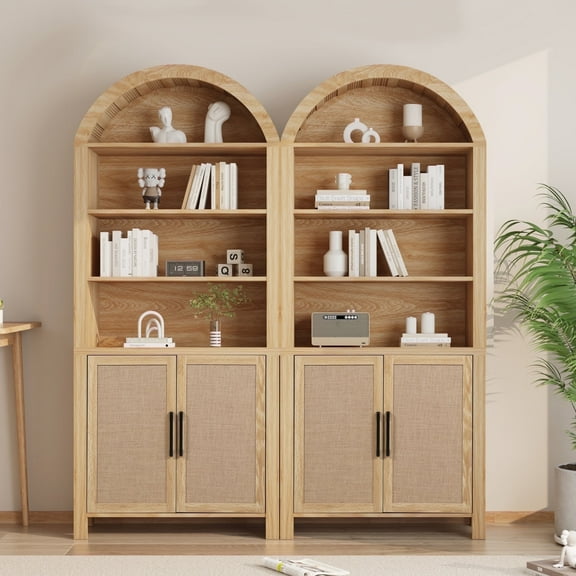 LEFHDA 2PCS 71" Tall Bookshelf, Arched Bookcase with Doors, Mid-Century Modern 6-Tier Bookshelf with Storage, Rattan Open Display Storage Shelf Bookshelf for Living Room Bedroom & Classroom(Oak)