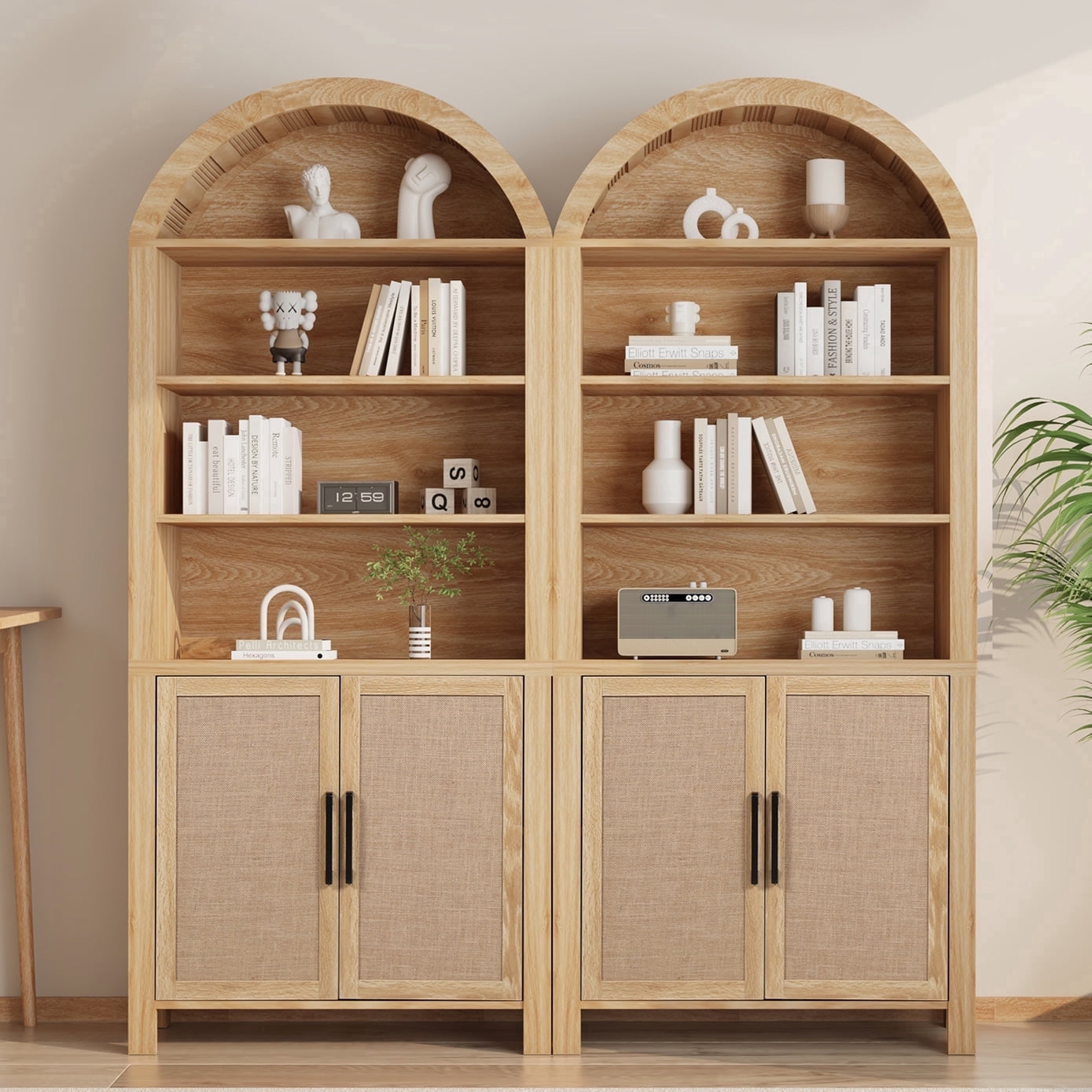 LEFHDA 2PCS 71" Tall Bookshelf, Arched Bookcase with Doors, Mid-Century Modern 6-Tier Bookshelf with Storage, Rattan Open Display Storage Shelf Bookshelf for Living Room Bedroom & Classroom(Oak)
