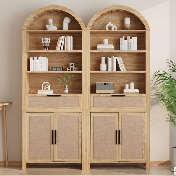LEFHDA 2PCS 78" Tall Bookshelf, Arched Bookcase with Drawers, Boho 6-Tier Bookshelf with Storage, Rattan Open Display Storage Shelf Bookshelf for Living Room Bedroom & Classroom(Oak)