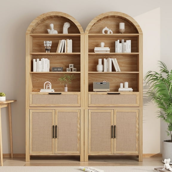 LEFHDA 2PCS 78" Tall Bookshelf, Arched Bookcase with Drawers, Boho 6-Tier Bookshelf with Storage, Rattan Open Display Storage Shelf Bookshelf for Living Room Bedroom & Classroom(Oak)