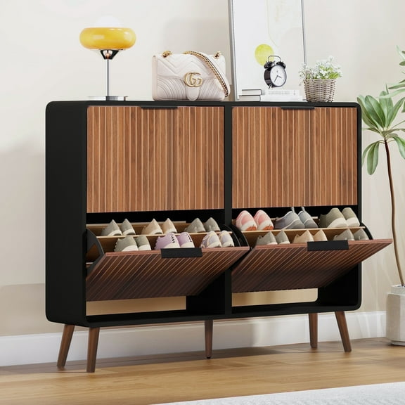 LEFHDA 47" Wide Fluted Large Shoe Cabinet with 4 Flip Drawers, 28 Pairs Slim Freestanding Shoe Cabinet Organizer, Narrow Shoes Storage Rack for Entryway, 5 Sturdy Legs (Walnut)