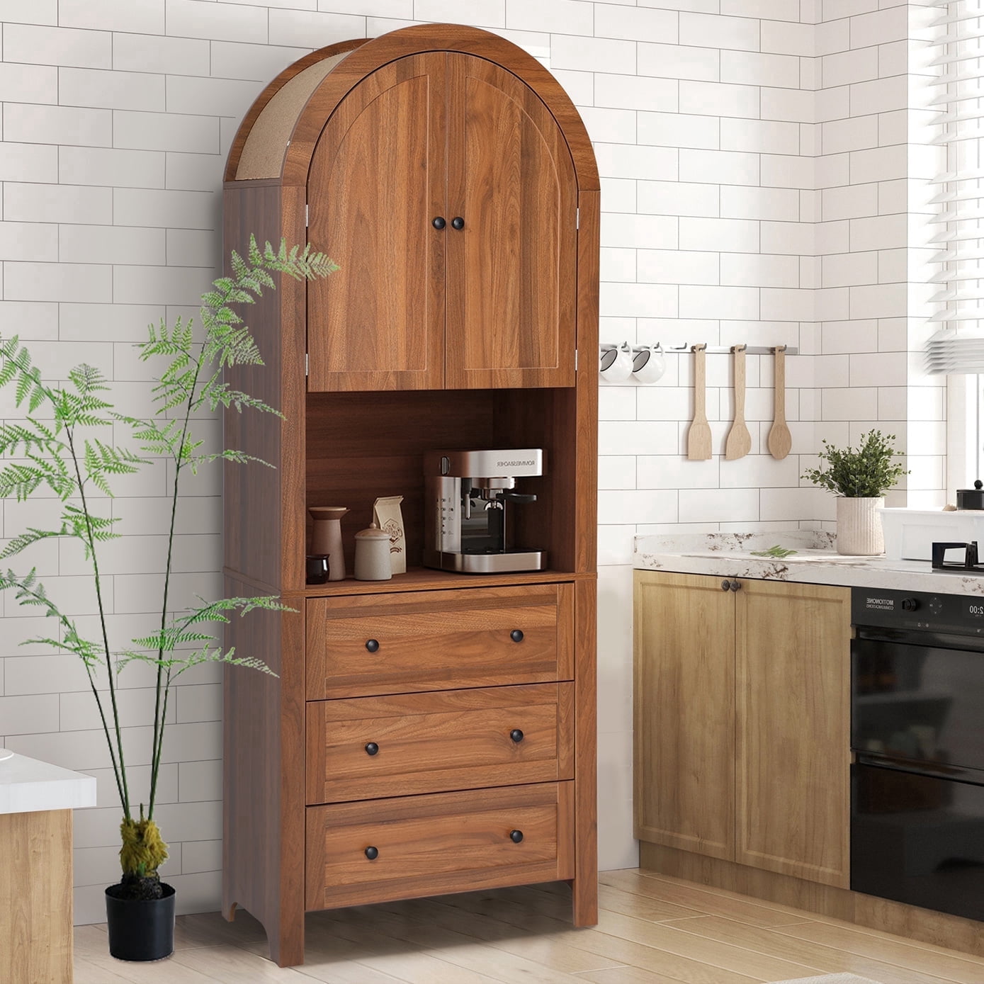 LEFHDA 6-Tier Arched Storage Cabinet with Drawer, Cabinet with Doors and Countertop, Arched Bookcase with Storage, Kitchen Pantry Cabinet, Wooden Storage Cabinet for Living Room