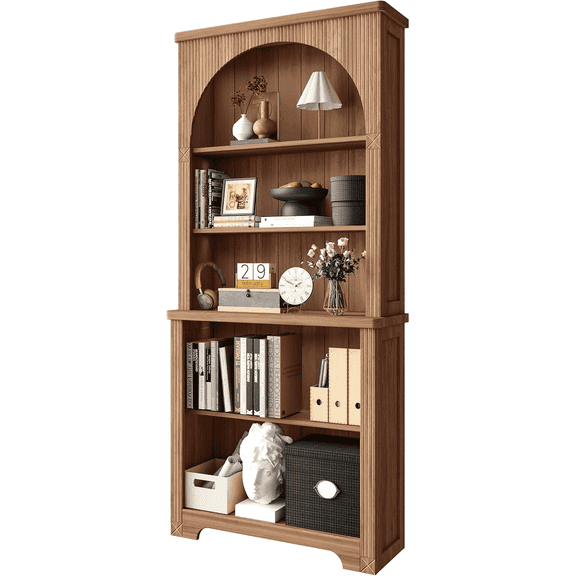 LEFHDA 71" Tall Bookshelf, 5-Tier Bookshelf, Farmhouse Arched Bookcase, Open Display Storage Shelf Adjustable Bookshelf for Home Office, Living Room(Walunt)