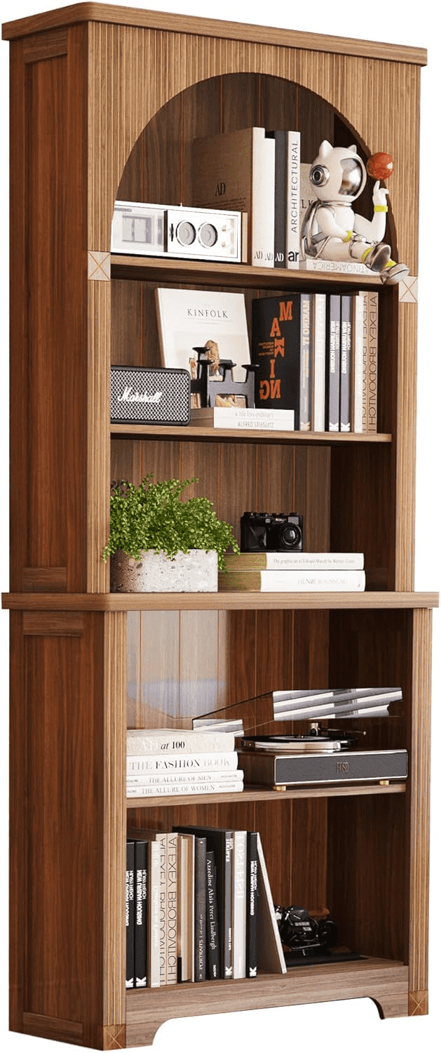 LEFHDA 71" Tall Bookshelf, 5-Tier Bookshelf, Farmhouse Arched Bookcase, Open Display Storage Shelf Adjustable Bookshelf for Home Office, Living Room(Walunt)
