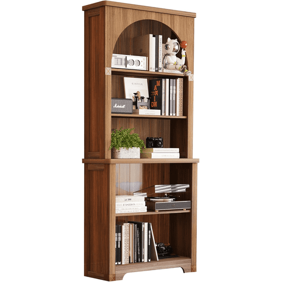 LEFHDA 71" Tall Bookshelf, 5-Tier Bookshelf, Farmhouse Arched Bookcase, Open Display Storage Shelf Adjustable Bookshelf for Home Office, Living Room(Walunt)