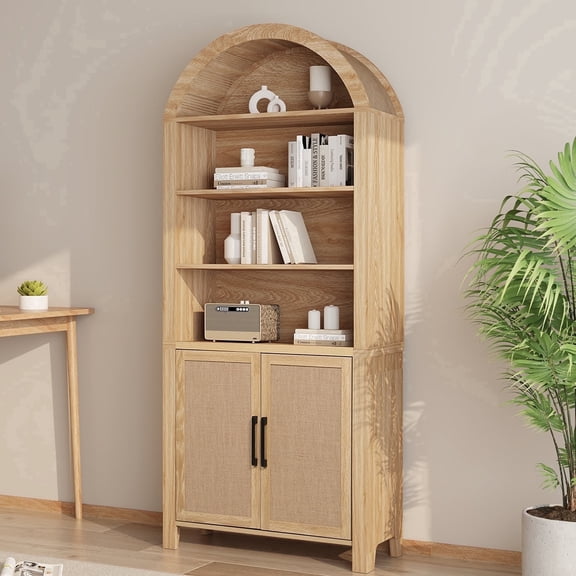 LEFHDA 71" Tall Bookshelf, Arched Bookcase with Doors, Mid-Century Modern 6-Tier Bookshelf with Storage, Rattan Open Display Storage Shelf Bookshelf for Living Room Bedroom & Classroom(Oak)